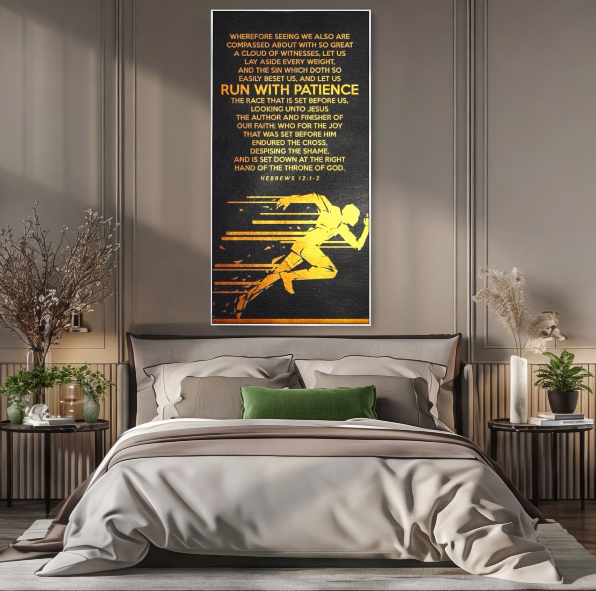 Tablou canvas cu tablou canvas cu alergator si verset biblic, in rama de aluminiu argintiu, pe perete intr-un dormitor